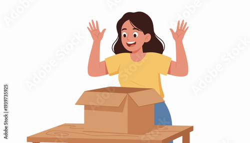 vector of a happy young woman with open arms, looking surprised and pleased, standing behind an open cardboard box on a table, symbolizing exciting package unboxing and online shopping experience