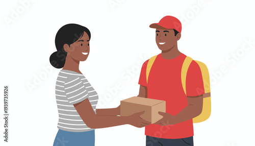 vector of an African American delivery man in red uniform handing a small cardboard package to a female customer, representing express shipping, e-commerce, and logistics