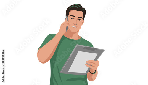 vector of a friendly male customer support agent or delivery dispatcher talking on a smartphone and holding a clipboard, symbolizing customer service and logistics coordination