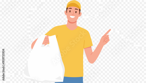 vector of a cheerful delivery man in yellow uniform holding a white shopping bag and pointing, symbolizing fast food delivery, grocery shopping, and convenient retail services
