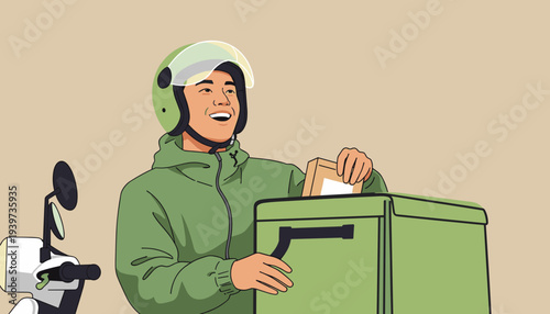 vector of a delivery man on a scooter, wearing a green helmet and jacket, opening a green delivery box, symbolizing fast food and parcel delivery on a motorcycle