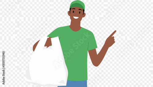 vector of a cheerful African American delivery man in green uniform holding a white shopping bag and pointing, symbolizing fast food delivery, grocery shopping, and convenient retail services