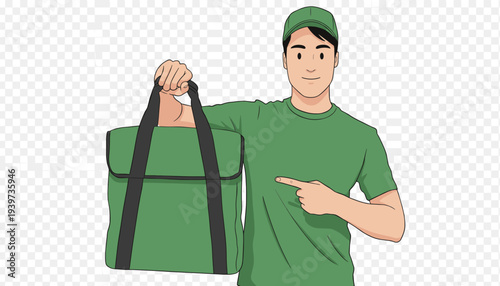 vector of a cheerful Asian delivery man in green uniform holding a thermal insulated delivery bag and pointing, symbolizing food delivery and convenient retail services