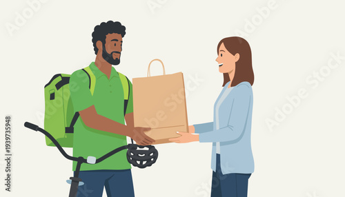 vector of an African American delivery man on a bicycle, wearing a green uniform, handing a paper bag to a female customer, representing eco-friendly food delivery and logistics