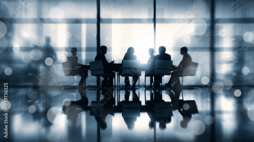 Silhouette of business people work together in office. Concept of teamwork and partnership. double exposure with light effects, with added motion blur, Business concept background