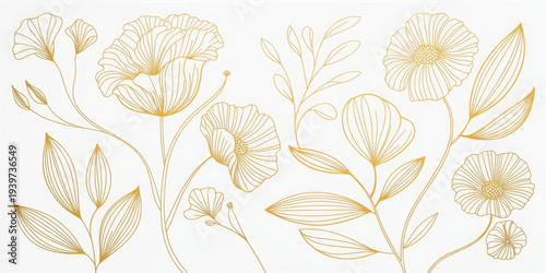 Luxury floral pattern, gold line chinese roses, peonies, elegant leaves isolated. Ornate vector illustration vintage engraving, modern minimalism, wedding design, romantic print, wallpaper, border. 