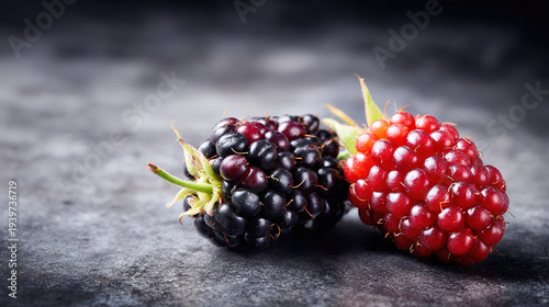 Fresh Blackberries and Raspberries on a Dark Textured Surface