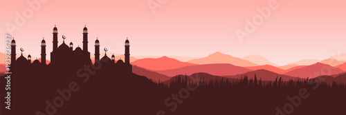 Atmospheric peach Arabian twilight horizon with starry sky for community iftar invitation design