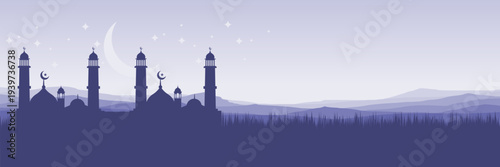 Panoramic purple Ramadan Kareem background with mosque silhouette and mountain landscape