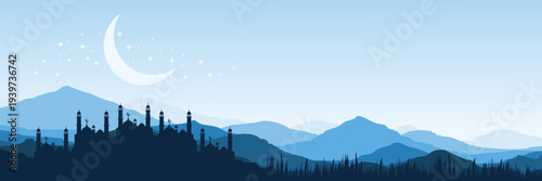Panoramic blue Ramadan Kareem background with mosque silhouette and mountain landscape