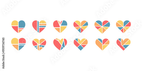 Collection of multicolor heart symbols made from geometric sections, clean flat vector design for love and relationship themes.