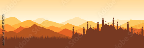 Panoramic golden yellow Ramadan Kareem background with mosque silhouette and mountain landscape