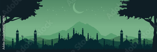 Panoramic green Ramadan Kareem background with mosque silhouette and mountain landscape