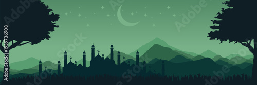Serene Eid Mubarak vector illustration with crescent moon over majestic mosque in green nature