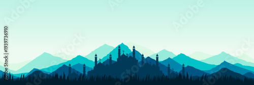 Serene Eid Mubarak vector illustration with grand mosque in peaceful cyan dawn nature