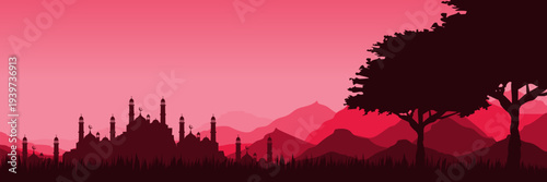 Wide screen Islamic holiday banner featuring elegant minarets and magenta copy space