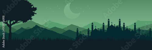 Atmospheric green Arabian night horizon with starry sky for community iftar invitation design