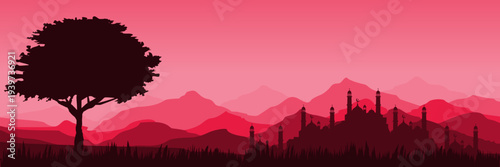 Serene Eid Mubarak vector illustration with grand mosque in warm pink nature