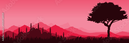 Atmospheric red Arabian twilight horizon for community iftar dinner invitation design