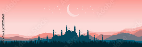 Panoramic sunset Ramadan Kareem background with mosque silhouette and mountain landscape
