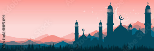 Wide screen Islamic holiday banner featuring elegant minarets and calm dusk copy space