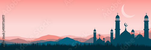 Atmospheric pink and teal Arabian evening horizon for community iftar invitation design