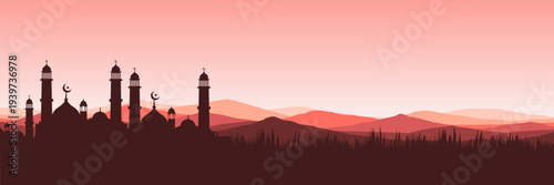 Panoramic warm sunset Eid Mubarak background with mosque silhouette and mountain landscape