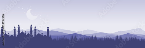 Atmospheric purple Arabian night horizon with starry sky for community iftar invitation design