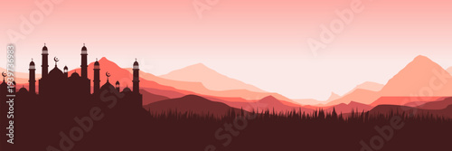 Serene Ramadan Kareem vector illustration with crescent moon over majestic mosque in red nature