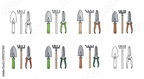 Collection of garden tools including trowel, rake, and shears in various colors and styles