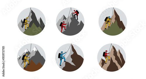 Set of six circular icons depicting climbers ascending steep mountain peaks