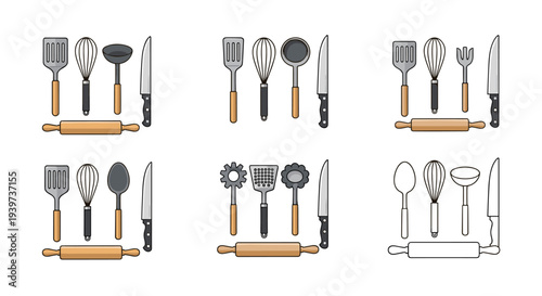 Collection of diverse kitchen utensils and baking tools, flat design, isolated on white