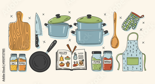Hand-drawn kitchen essentials and cooking tools arranged in a charming composition