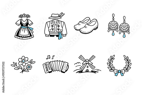 Collection of traditional European cultural symbols and clothing icons