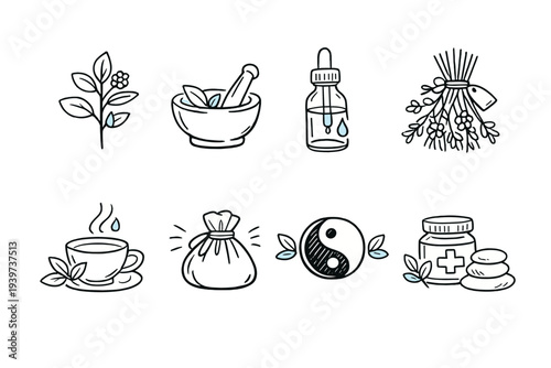 Collection of hand-drawn icons representing natural healing and wellness practices