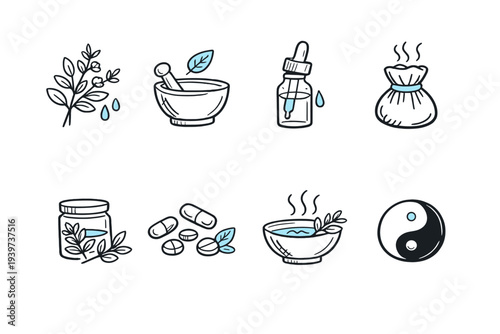 Collection of hand-drawn icons representing natural remedies and holistic wellness practices