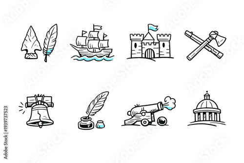 Collection of historical American Revolution icons in a simple line art style