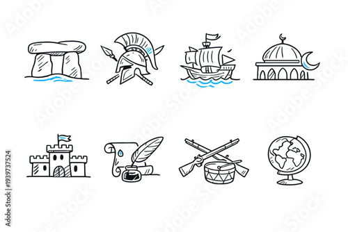 Collection of historical icons representing different eras and civilizations