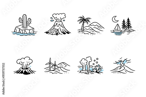 Collection of stylized natural disaster and weather icons on a black background