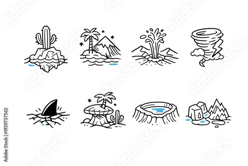 Collection of cartoon natural disaster and landscape icons on black background