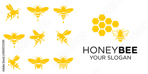 Creative bee logo variations in yellow color, simple flat vector set suitable for organic and honey business themes.