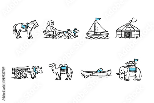 Collection of diverse transportation methods from around the world, hand-drawn style