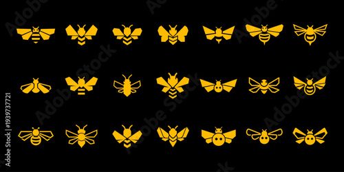 Minimal bee icon collection in bold yellow tone, clean flat vector design for natural and eco branding.