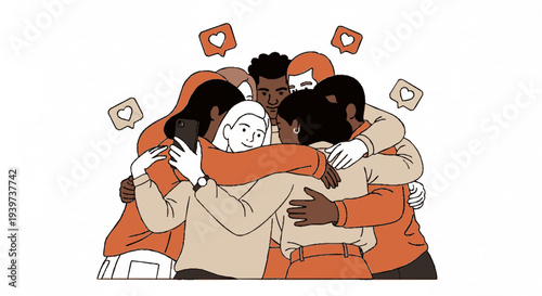 Diverse group of people embracing and celebrating together with social media icons surrounding them in a warm orange and beige color scheme