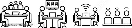 Stick figures in various meeting and presentation settings