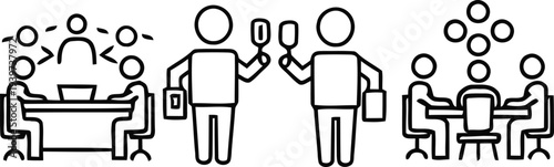 Stick figures in various meeting and discussion settings