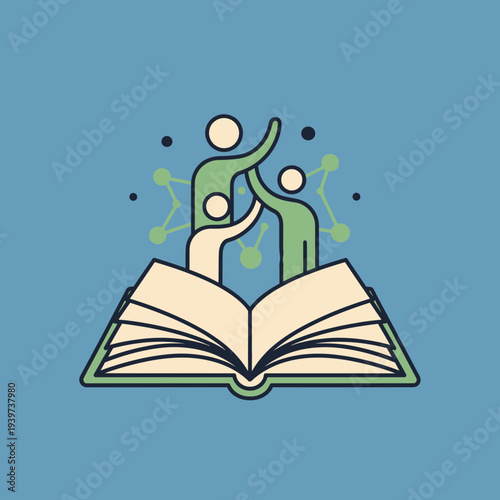 Open book with abstract human figures emerging from pages, surrounded by molecular structures.