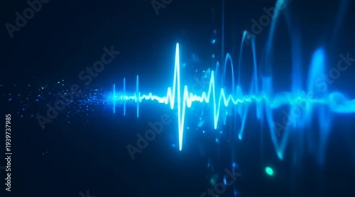 Bright blue sine wave with scattered blue particle dust against dark background