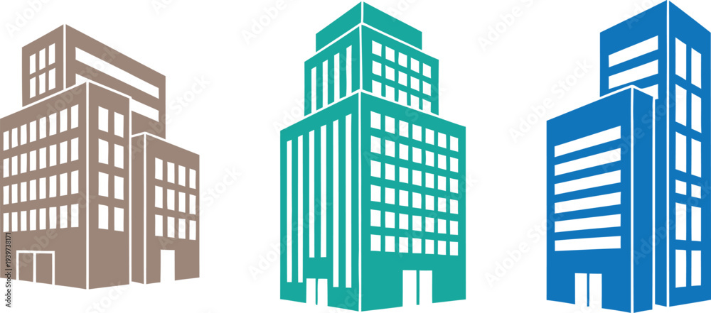 Fototapeta premium Colorful illustration of three modern office buildings