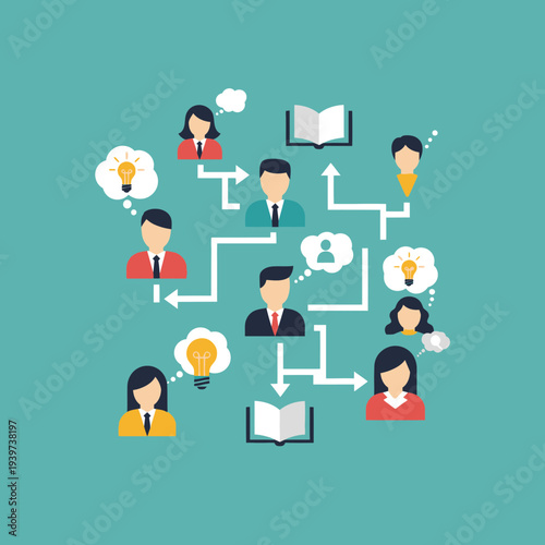Illustration of interconnected people with ideas, books, and communication symbols.